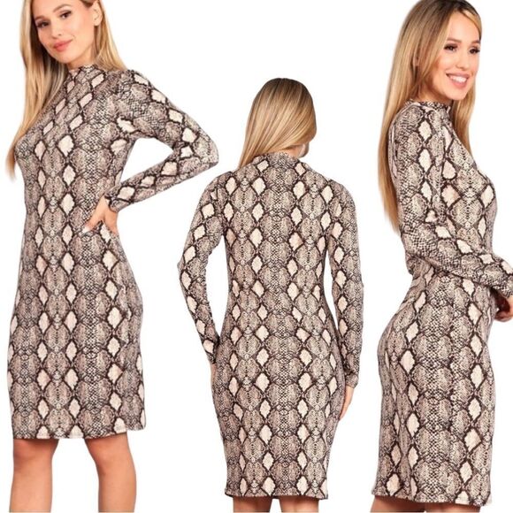 Snakeskin Print Bodycon Woman's Dress With Mock Neckline And Knee Length
Hem M - Picture 17 of 17